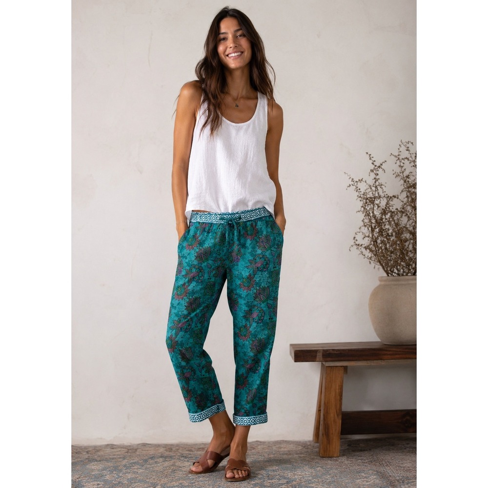 Sundance‎ PL Teal Floral Block Print Cotton Cropped Pants Boho Resort Style